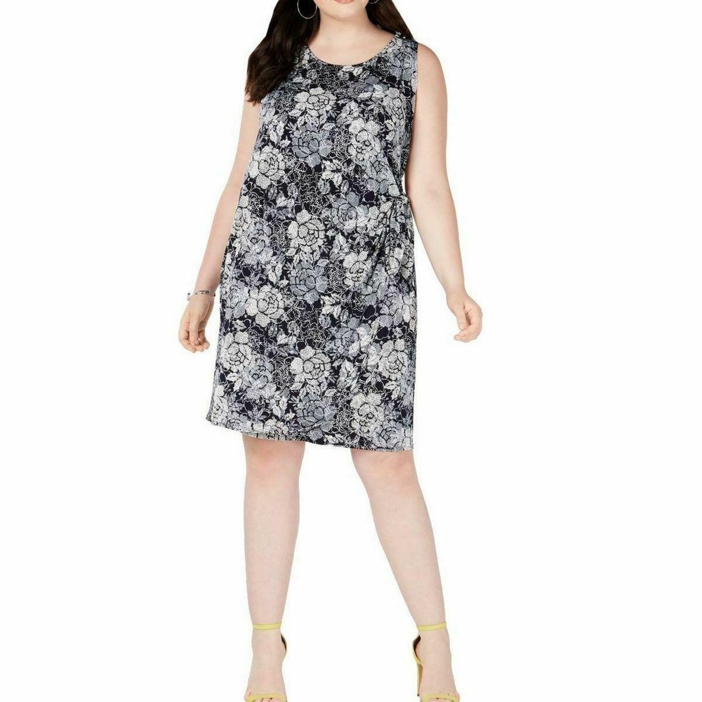 Signature By Robbie Bee Womens Navy Blue Sarong Floral Wrap Plus Size dress 1X